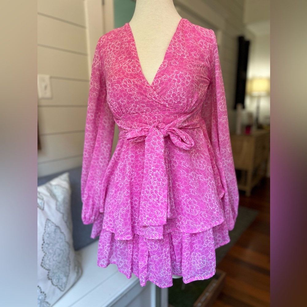 Japna Pink Ruffle cinched waist dress puffy sleeve